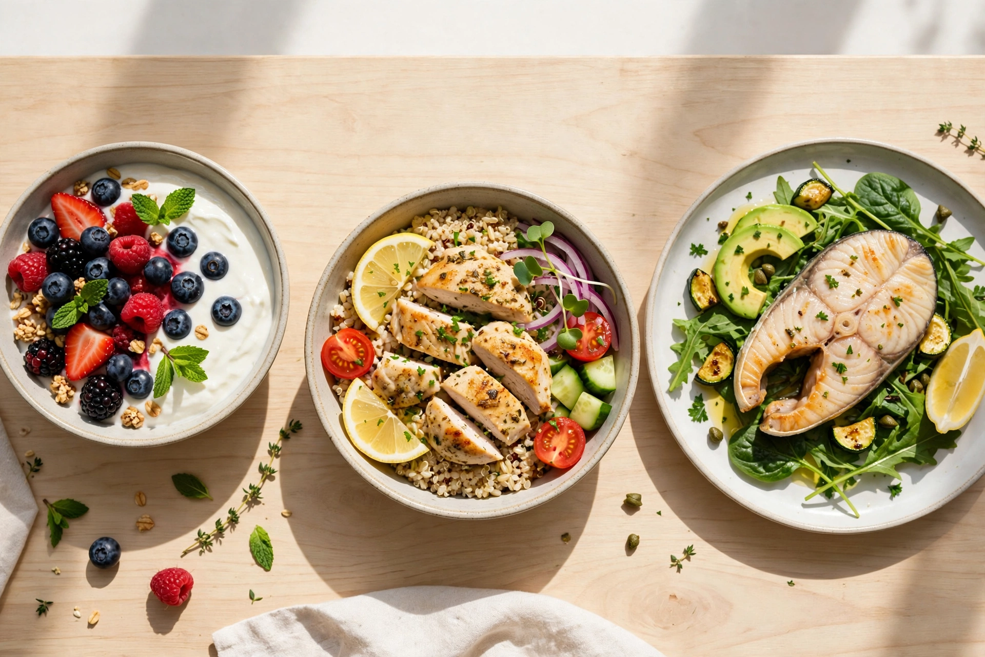 Three catalog plates: yogurt bowl, chicken bowl, fish plate