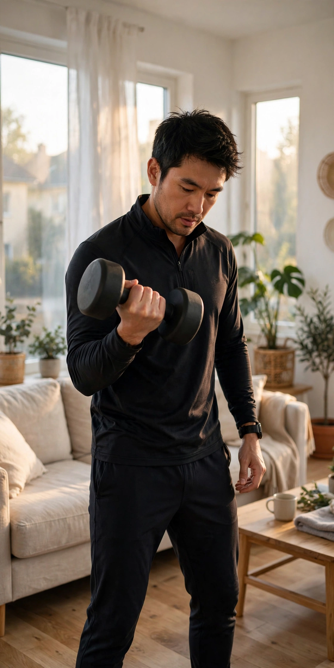 Man training with a dumbbell at home