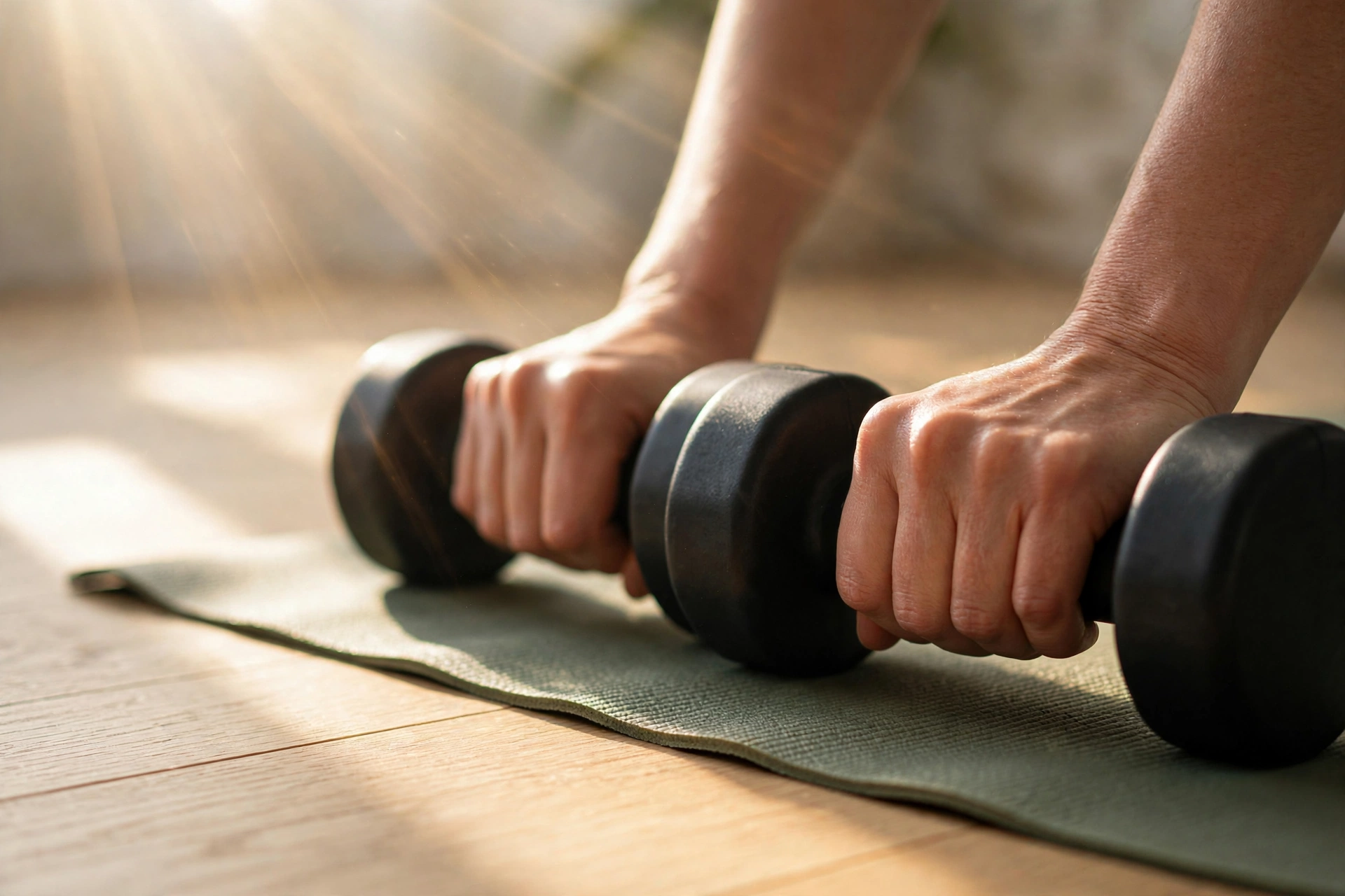 Hands gripping dumbbells on the mat
